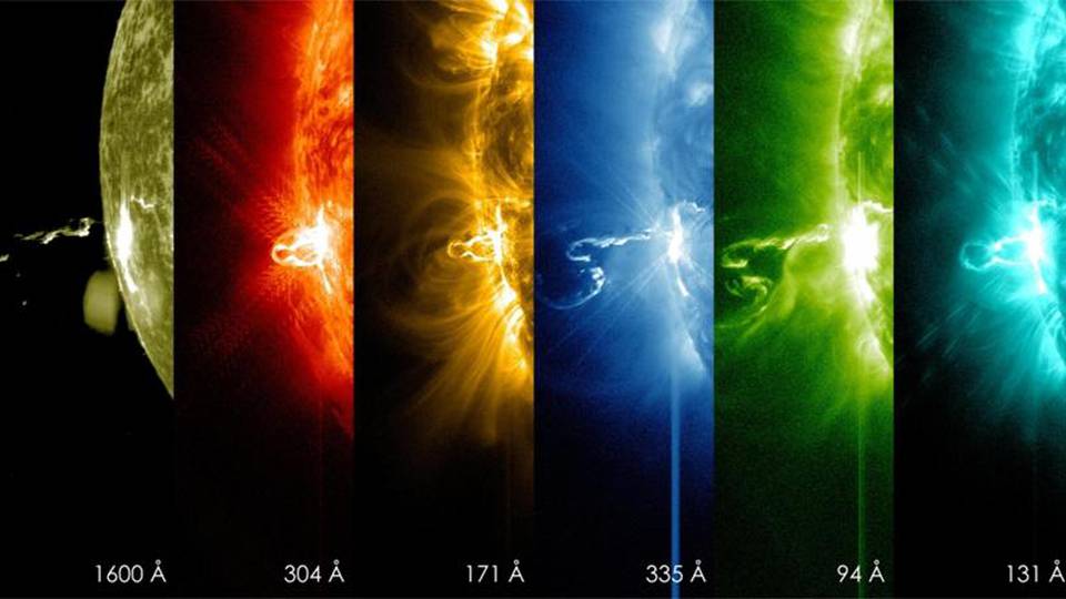 Immagini catturate dal Solar Dynamics Observatory della NASA (SDO) il 24 febbraio 2014, relative all'eruzione solare in corso sulla nostra stella riprese in diverse lunghezze d'onda della luce. È infatti in corso una eruzione solare da record: la più violenta registrata dall’inizio dell’anno e una delle più intense del ciclo solare attuale. Nonostante l’intensità, non c’è pericolo di tempeste sola