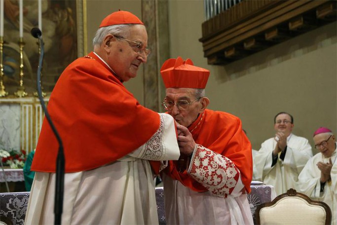 Il cardinale Angelo Sodano durante la cerimonia di investitura di monsignor Loris Capovilla a cardinale nella chiesa parrocchiale di Sotto il Monte