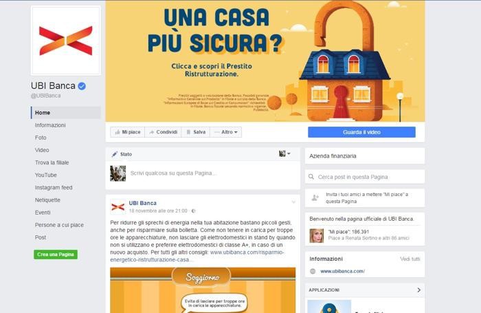 Il profilo Facebook di Ubi Banca