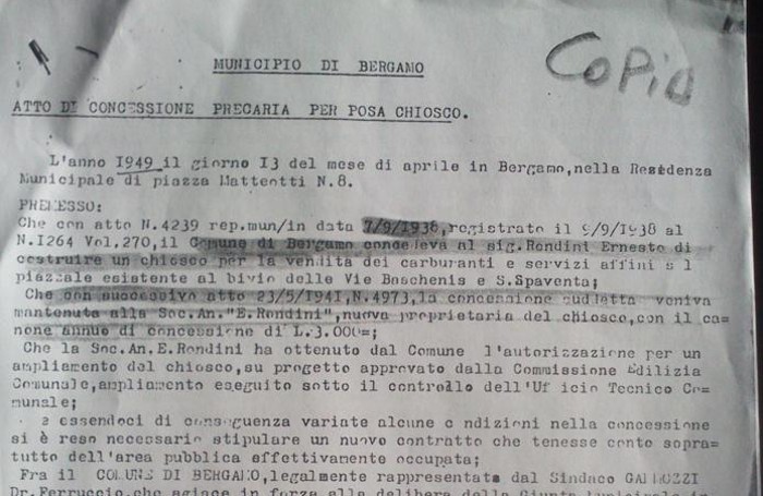 L'atto di concessione per il benzinaio di via Baschenis
