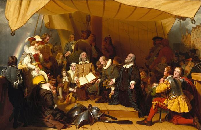 Il famoso quadro di Robert Walter Weir dal titolo “L’imbarco dei pellegrini”, conservato al Brooklyn Museum di New York. Da notare, sulla sinistra, l’arcobaleno, simbolo di speranza per il buon esito del viaggio. Il famoso quadro di Robert Walter Weir dal titolo “L’imbarco dei pellegrini”, conservato al Brooklyn Museum di New York. Da notare, sulla sinistra, l’arcobaleno, simbolo di speranza per il buon esito del viaggio.