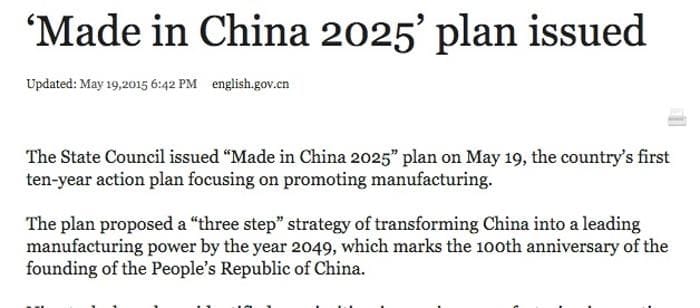 Screenshot del comunicato ufficiale del lancio di Made in China 2025