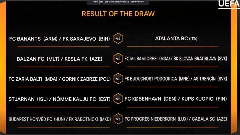 Europa League, l’Atalanta sfiderà la vincente tra Sarajevo e Banants Europa League, l’Atalanta sfiderà la vincente tra Sarajevo e Banants