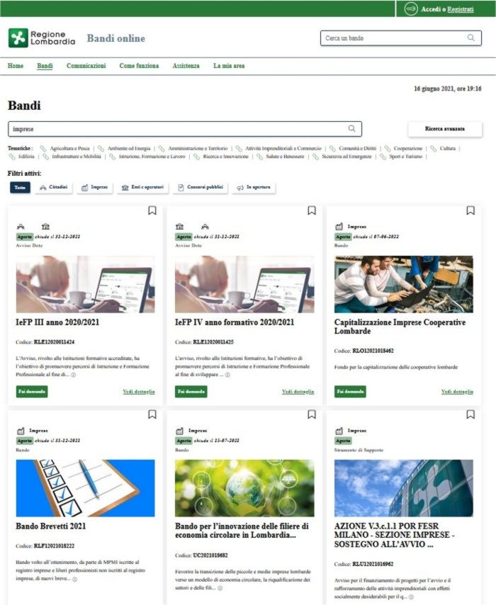 La sezione dedicata ai bandi del sito di  Regione Lombardia