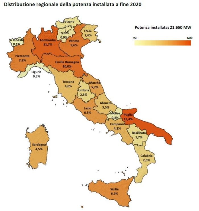 Il peso di ogni regione per la potenza installata, ovvero per la quantità  di energia che può produrre