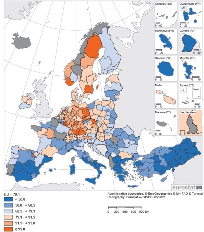 Tasso di occupazione dei neolaureati dei corsi di formazione professionale, anno 2020(Percentuale di laureati 20-34 anni con formazione professionale secondaria superiore o post-secondaria non terziariaconseguimento dopo aver lasciato l’istruzione e la formazione 1-3 anni prima, per  Regioni)