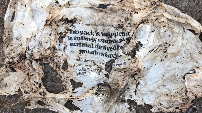 Compostable plastic defect detected, 60% does not degrade