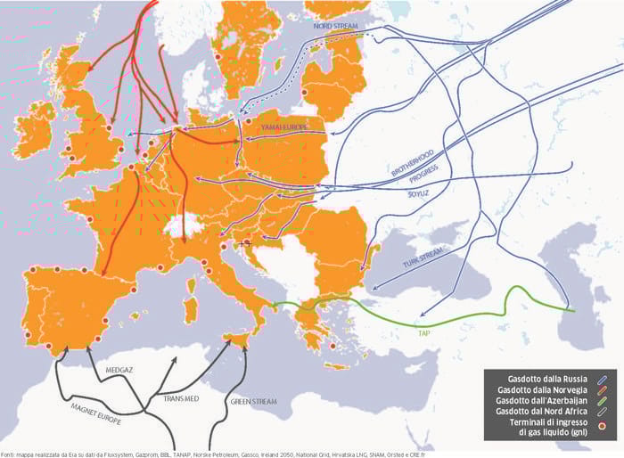 I principali gasdotti e terminali di gas liquido d’Europa