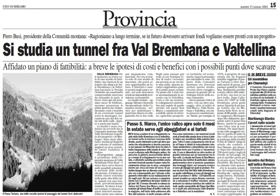 L’articolo pubblicato da l’Eco nel 2002 quando per la prima volta fu avanzata l’ipotesi di un tunnel che collegasse la Valtellina alla Val Brembana