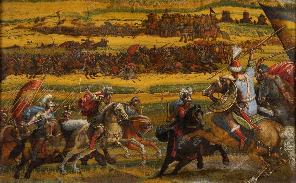 Scena di battaglia, di Antonio Tempesta 1618 ca., olio su diaspro lineato giallo e verde di Giuliana su lavagna Scena di battaglia, di Antonio Tempesta 1618 ca., olio su diaspro lineato giallo e verde di Giuliana su lavagna