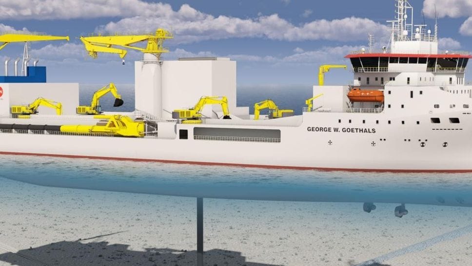 Il rendering del sistema avanzato di Remazel per il trasporto e la posa di rocce sul fondale marino Il rendering del sistema avanzato di Remazel per il trasporto e la posa di rocce sul fondale marino
