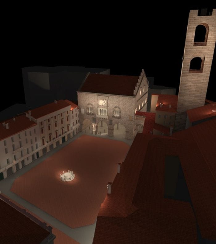Un rendering della futura illuminazione di Piazza Vecchia in Città Alta a Bergamo