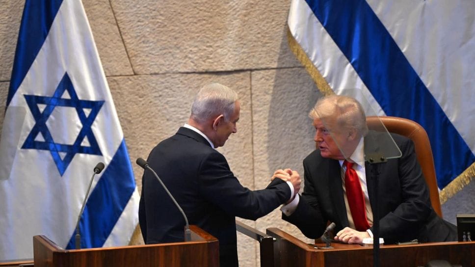 Da sinistra, il premier israeliano Netanyahu e il presidente Usa Trump alla Knesset Da sinistra, il premier israeliano Netanyahu e il presidente Usa Trump alla Knesset