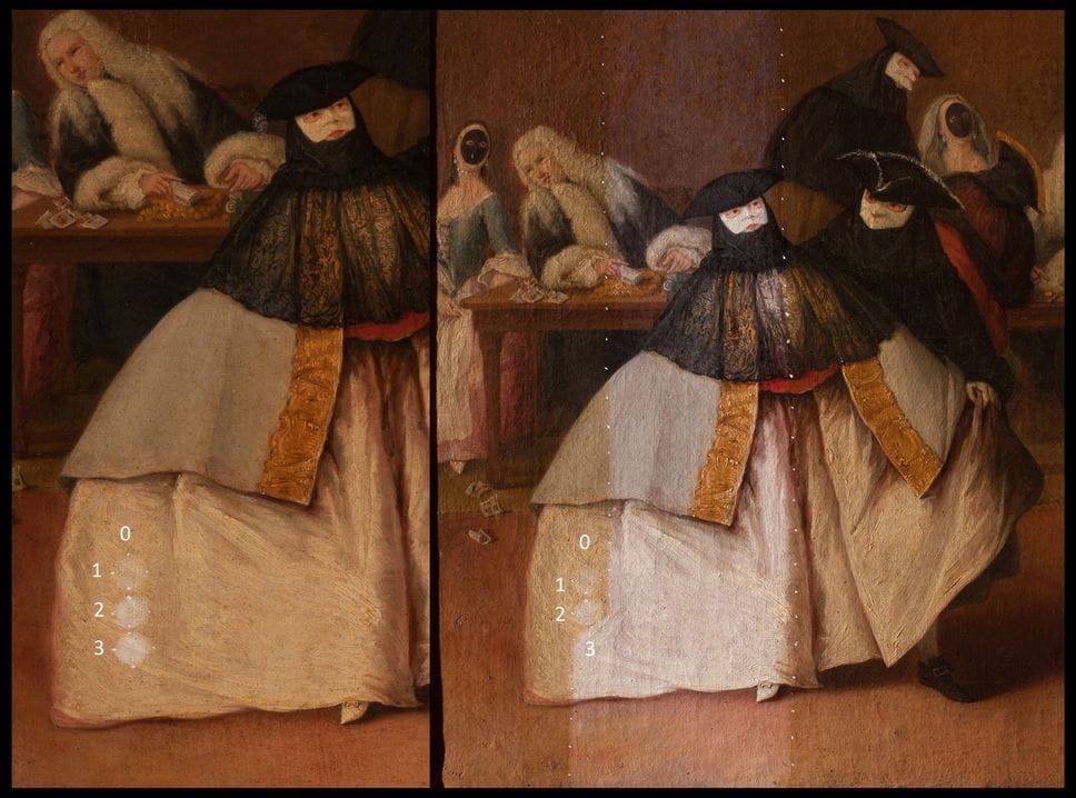 Un particolare della pulitura del dipinto di Longhi Un particolare della pulitura del dipinto di Longhi