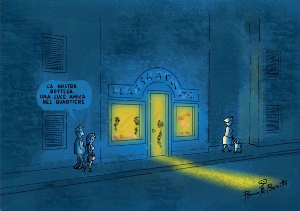 Una delle cartoline da vicinato realizzate da Bruno Bozzetto