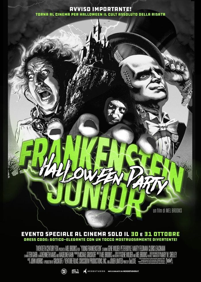 La locandina delle due serate del Frankenstein Junior Halloween Party il 30 e il 31 ottobre al Notorious Cinema di Curno