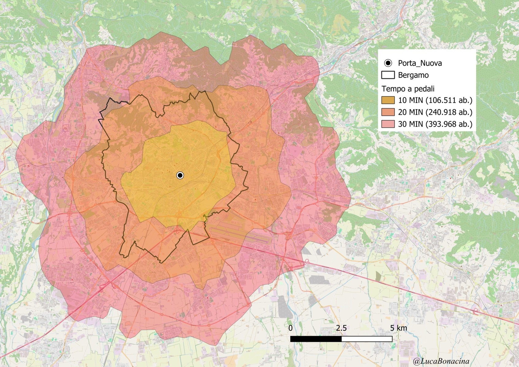 Area coperta in bicicletta pedalando 10, 20 e 30 minuti da Porta Nuova