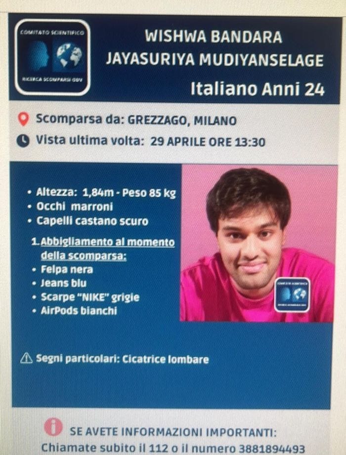 Wishwa Bandara Jayasuriya Mudianaselage, la scheda del ragazzo scomparso