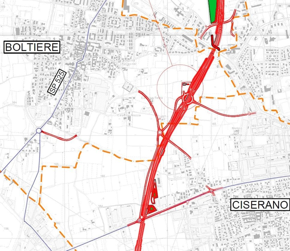 Il tracciato della futura autostrada previsto nella campagna tra Ciserano e Boltiere
