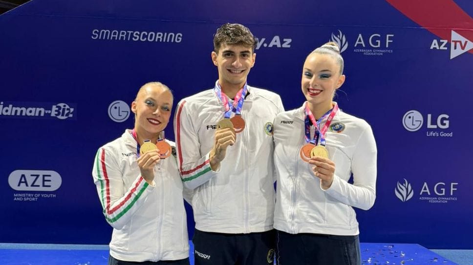 Elisa Marras, Andrea Colnago e Alice Pettinari (Aerobica Evolution) con l’oro nel team ranking e il bronzo nella dance agli Europei di Ganja, in Azerbaigian