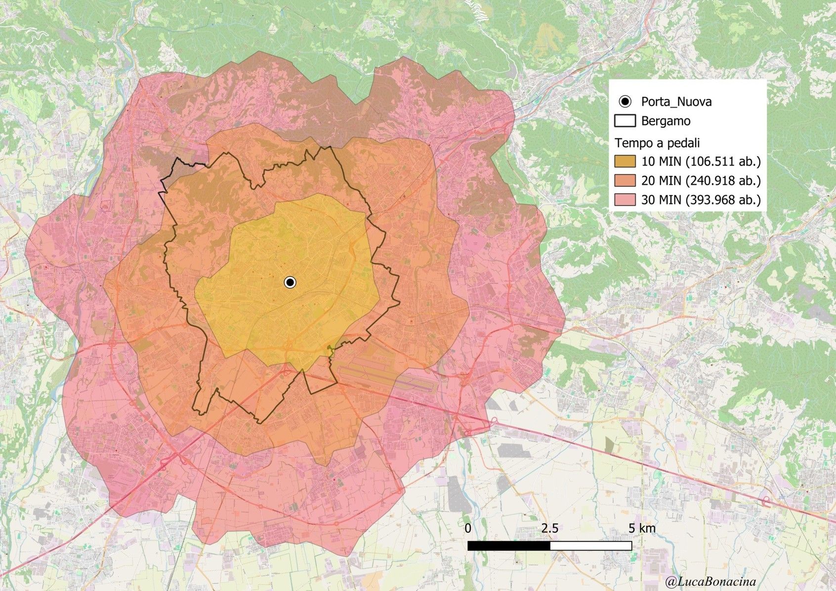 Area coperta in bicicletta pedalando 10, 20 e 30 minuti da Porta Nuova