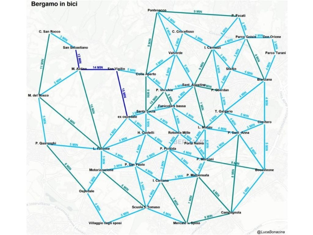 Mappa dei tempi di percorrenza di Bergamo sui pedali