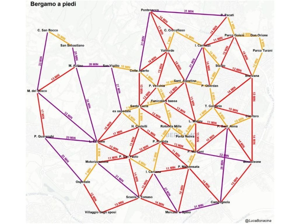 Mappa dei tempi di percorrenza di Bergamo a piedi