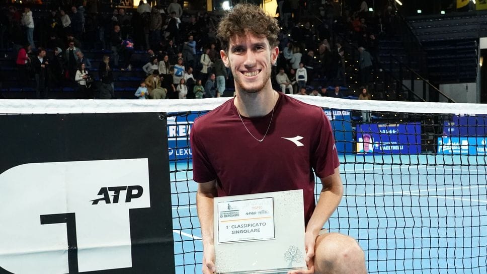 La gioia del 22enne pisano Francesco Maestrelli per la vittorisa nella 20ª edizione del Challenger di Bergamo