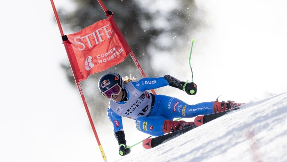 Sofia Goggia in azione nel gigante di Coppa del Mondo a Copper Mountain, in Colorado: la bergamasca ha chiuso a 2”38 dalla vincitrice Alice Robinson