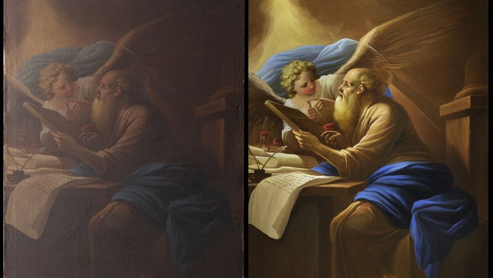 San Matteo e l’Angelo, olio su tela di Antonio Cifrondi del 1701. Prima e dopo il restauro
