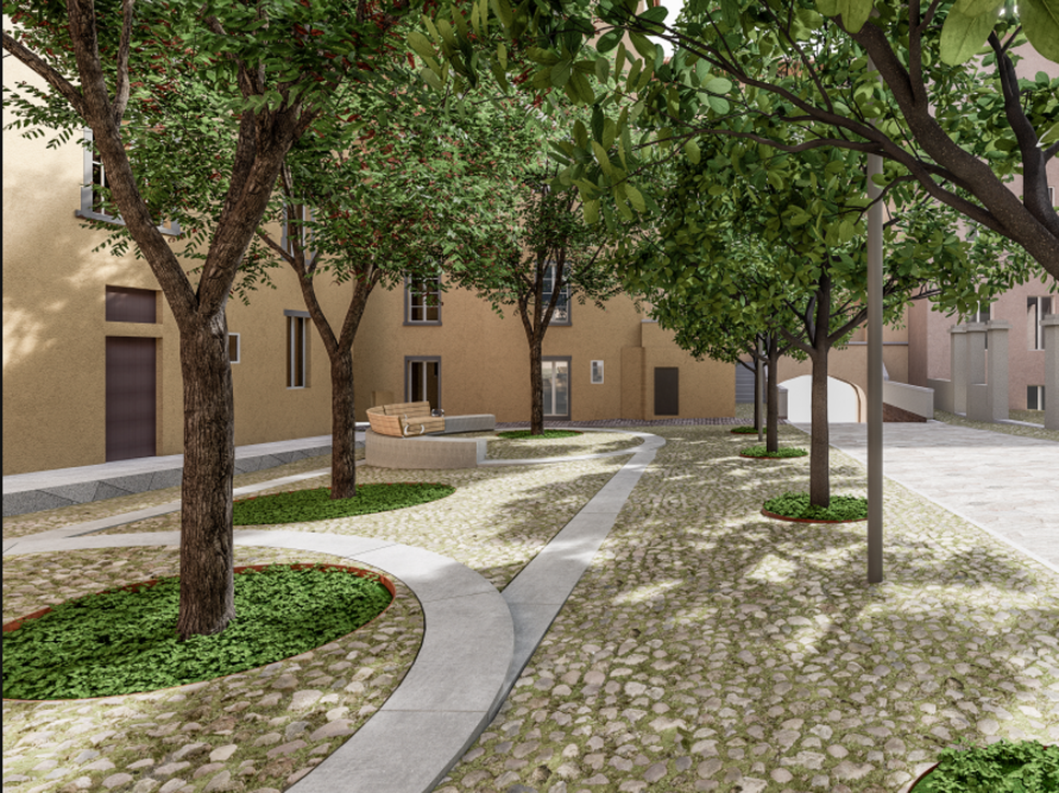 Un rendering del progetto della nuova piazza Angelini in Città Alta