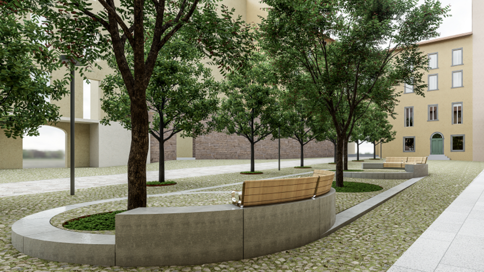 Un rendering del progetto della nuova piazza Angelini in Città Alta
