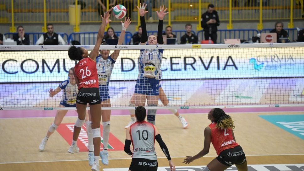 Cese Montalvo (26) in azione contro San Giovanni in Marignano: il Volley Bergamo 1991 torna in campo martedì 23 alla ChorusLife Arena con Busto Arsizio
