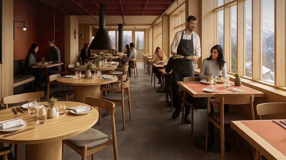 Il render della sala pranzo del rinnovato Plan del Sole, sulle piste da sci di Colere