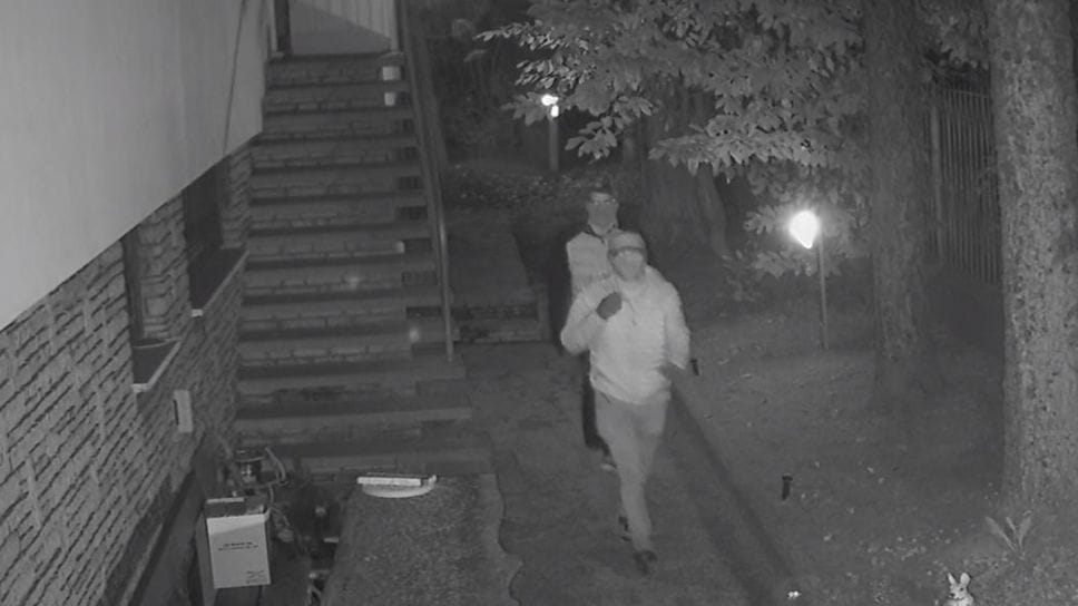 I due ladri nel giardino della villa ripresi dalla telecamera