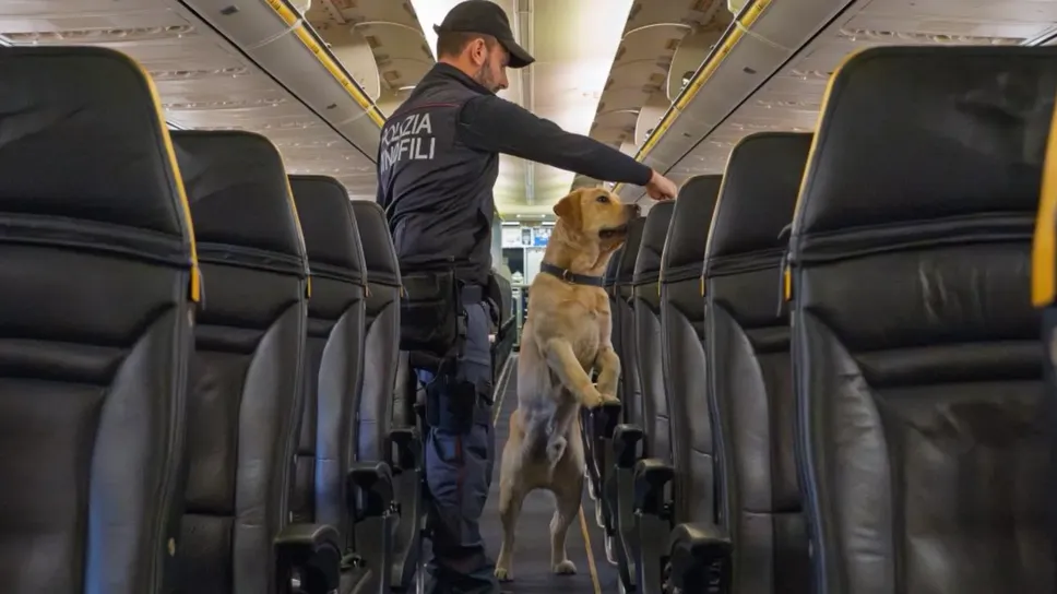 Il cane antiesplosivo della polizia controlla un aereo in pista a Orio Il cane antiesplosivo della polizia controlla un aereo in pista a Orio