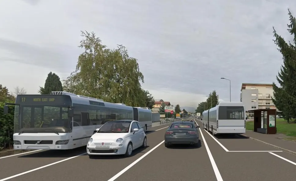 Un rendering della linea di autobus elettrici a corsia preferenziale che collegherà Bergamo-Dalmine e Verdellino