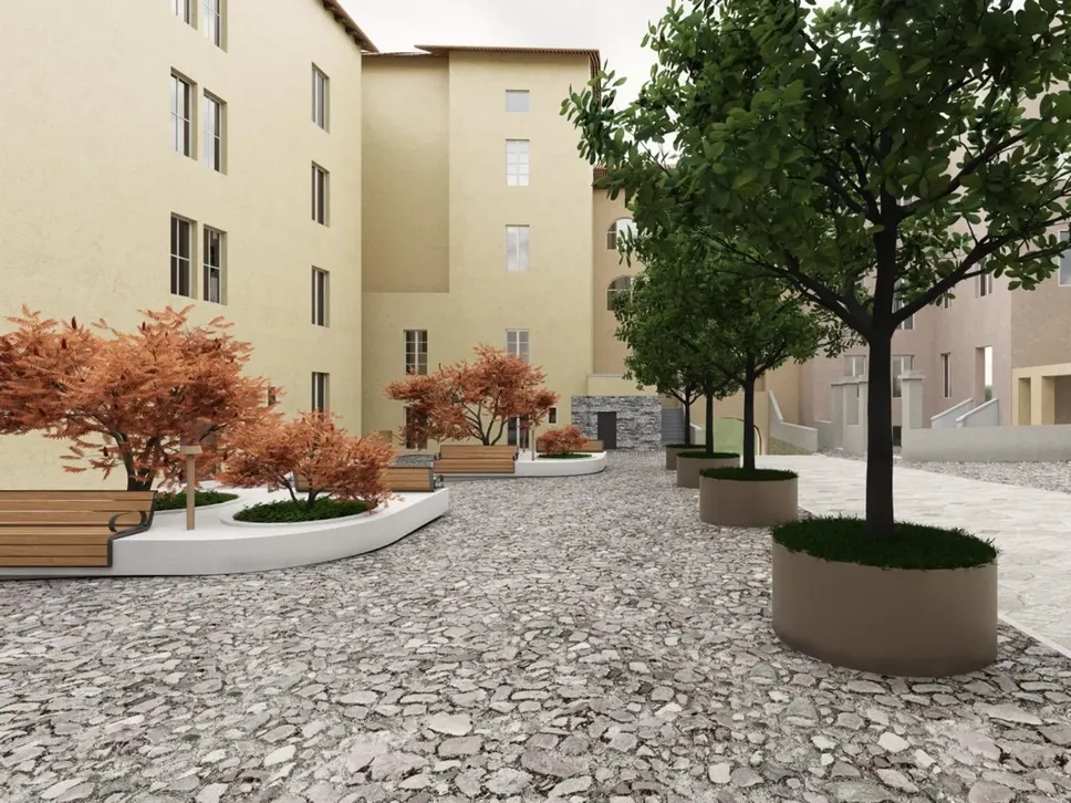 Piazza Angelini in Città Alta nel rendering di come apparirà dopo i lavori di Restyling
