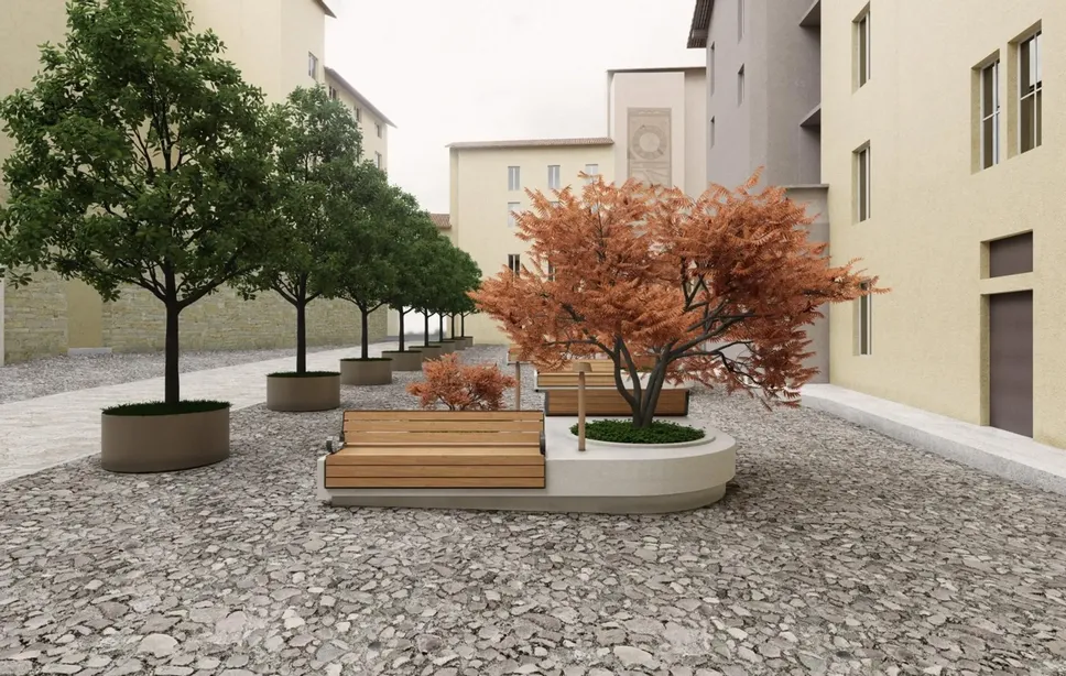 Rendering del progetto di riqualificazione di piazza Angelini Città Alta