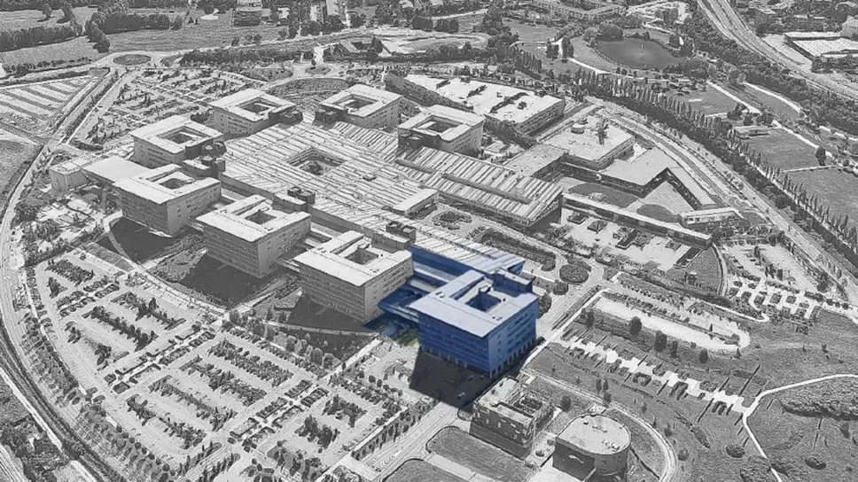 In blu il rendering della nuova torre, lottava, che verrà costruita al Papa Giovanni XIII