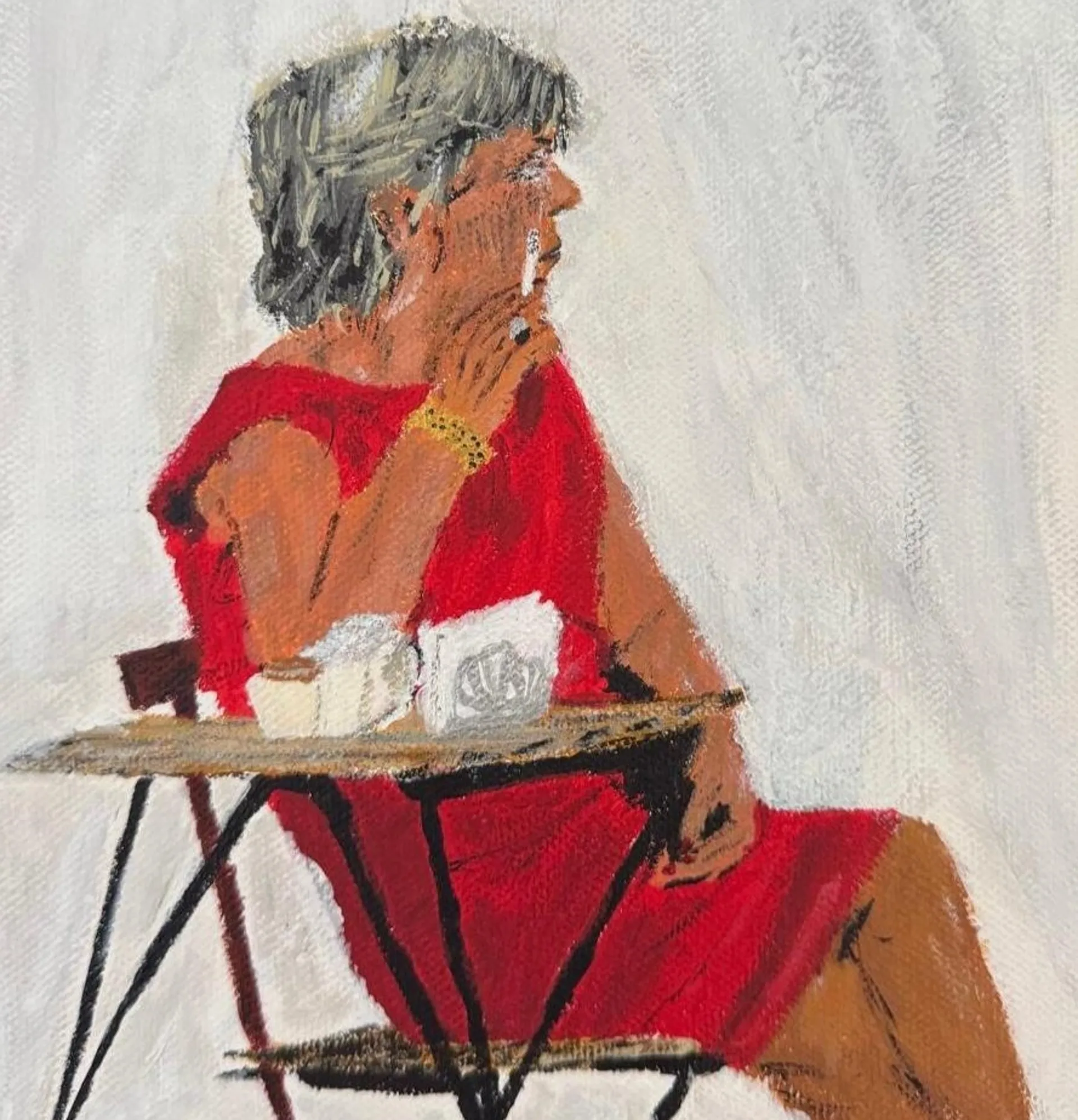 Benjamin Royaards, Signora in abito rosso, 2022, acrilico su tela, 24x18 cm