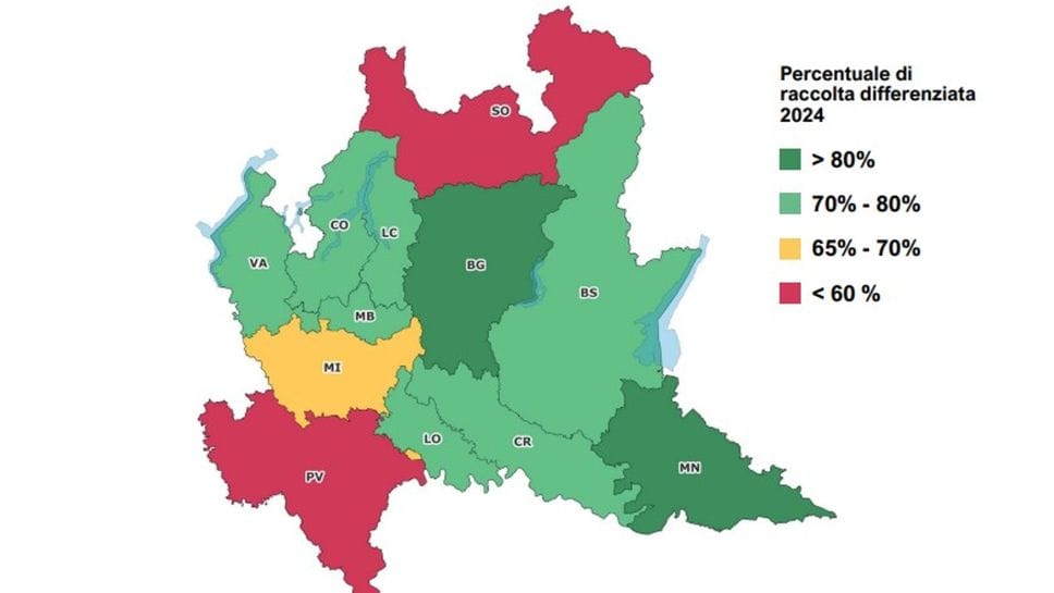 La mappa diffusa da Legambiente Lombardia sulla percentuale di  raccolta differenziata nel 2024