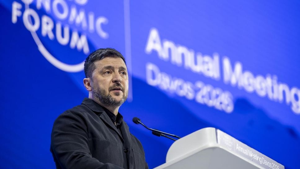 Il presidente dell’Ucraina Volodymyr Zelensky durante l’intervento a Davos