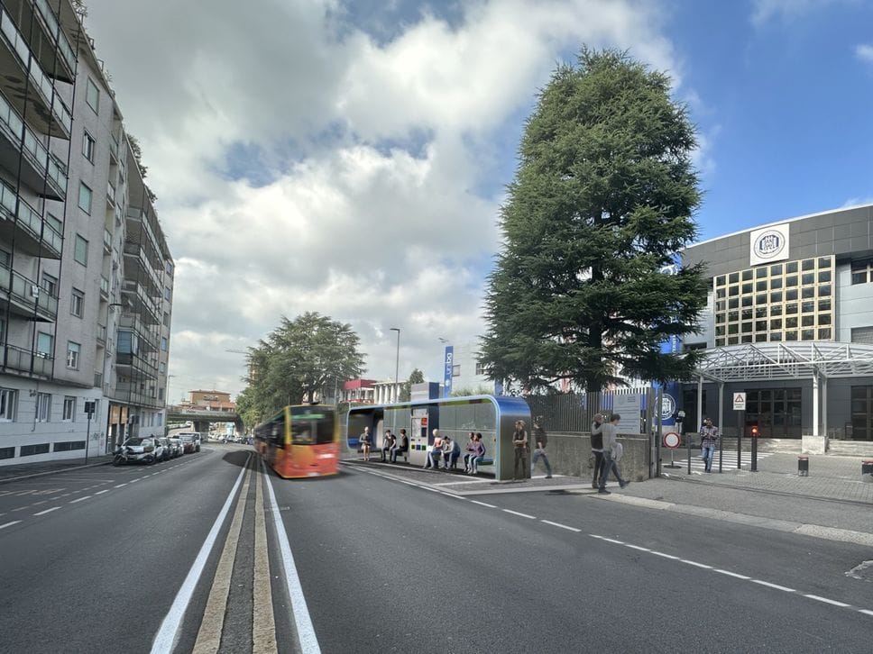 Un rendering delle nuove pensiline del bus e-brt che verranno installate dal 12 gennaio sul percorso tra Bergamo e Dalmine