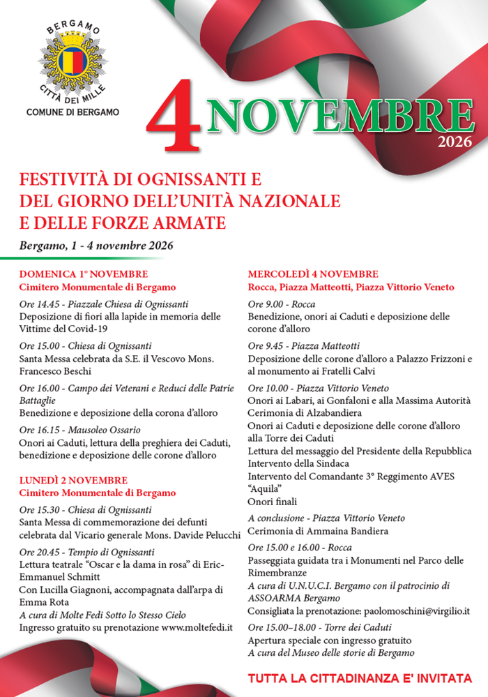 Bergamo, le celebrazioni di Ognissanti e del 4 Novembre: il programma