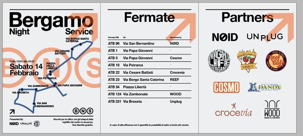 Il percorso del bus Bergamo Night service per sabato 14 febbraio 2026 dalle 19 alle 24