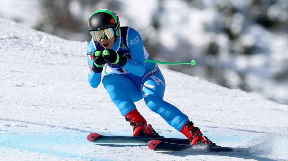 Sofia Goggia nella discesa olimpica di domenica 8 febbraio, quando ha conquistato il bronzo, sua terza medaglia in altrettanti Giochi