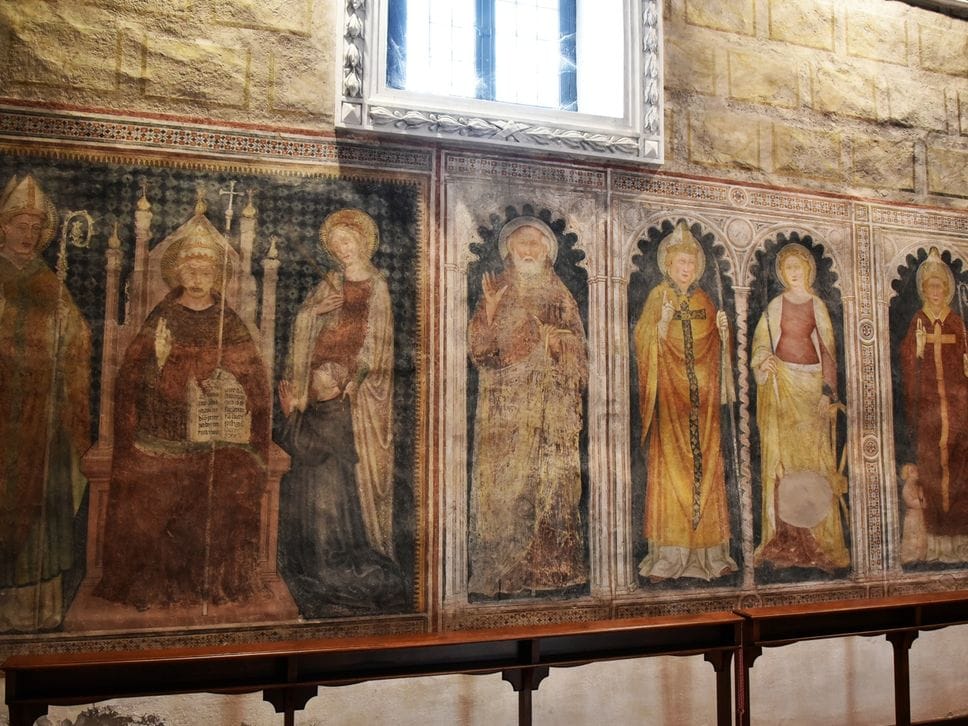 Un dettaglio del ciclo di affreschi trecenteschi della chiesa di San Nicolò nell’ex complesso dei Celestini a Bergamo