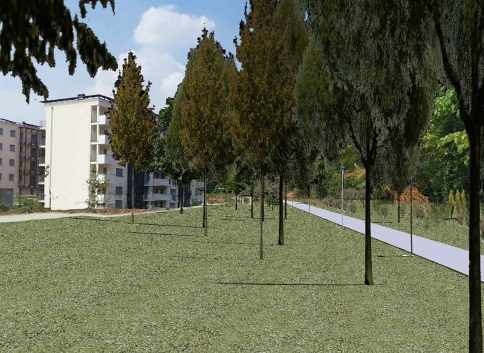 Il rendering del bosco urbano di via Borgo Palazzo