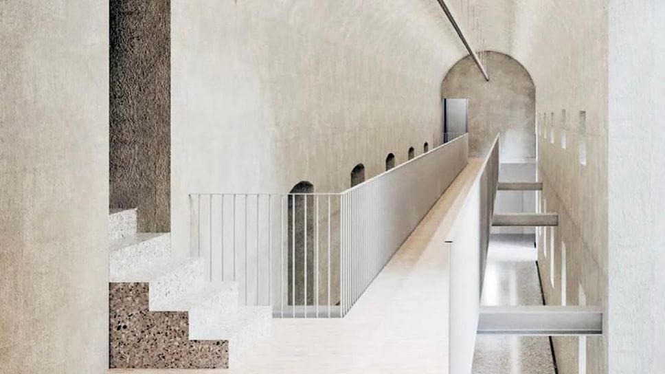 Un rendering della passerella sospesa attraverso il porticato dell’ex carcere di Sant’Agata in Città Alta